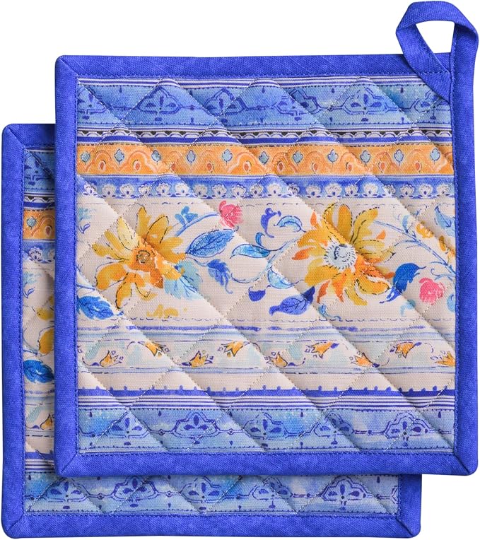 Maison d' Hermine Pot Holders 100% Cotton Potholders (8" x 8", Pack of 2) | Heat Resistant Hot Pads with Loop BBQ Cooking Baking Farmhouse Kitchen Handling Hot Pans Spring Summer - Girassol