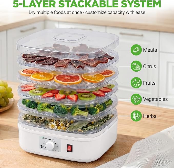 Nutrichef Food Dehydrator Machine | Multi-Tier Appliance for Home Use | Perfect for Beef Jerky, Fruits, Vegetables & Dog Treats | High-Heat Circulation | 5 Stackable Trays