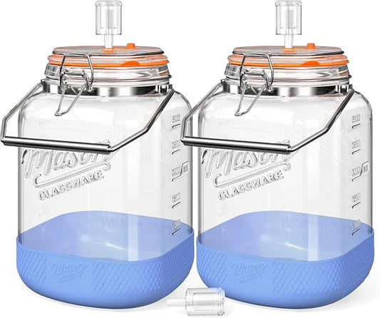 1 Gallon/128 OZ Large Fermentation Jar, Mead Making Kit, Pickle Jars, 2 PCS | 3 Airlock, Stainless Steel Handle, 4.3” Wide Mouth, 100% Leakproof, Non-Slip Base, BPA Free, 2 Scale Mark, Food Grade