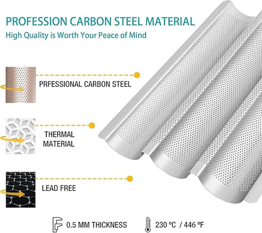 Hesanzol Baguette Pans for Baking 15" x 11", Carbon Steel 3 Loaf Nonstick Baguette Baking Tray for French & Italian Perforated French Bread Pan (2pack - Silver)