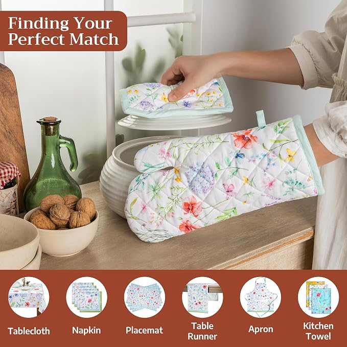 Maison d' Hermine Pot Holders 100% Cotton Potholders (8" x 8", Pack of 1) | Heat Resistant Hot Pads with Loop BBQ Cooking Baking Farmhouse Kitchen Handling Hot Pans Spring Summer - Just Floral