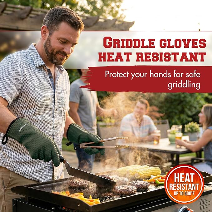 KITCHEN PERFECTION XL Silicone Griddle Gloves - Heat Resistant Oven Mitts | Waterproof, 5-Finger Design For A Better Grip, Best Griddle Grilling Accessories, Compatible with Blackstone, Weber & More