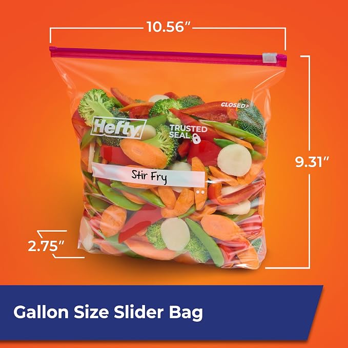 Hefty Slider Storage Bags, Gallon Size, 15 Count (9 Pack), 135 Total | Bulk Pack, Gallon Storage Bags, Store Food, Snacks, Toiletries, Writeable Label, Stand and Fill, Slider Closure