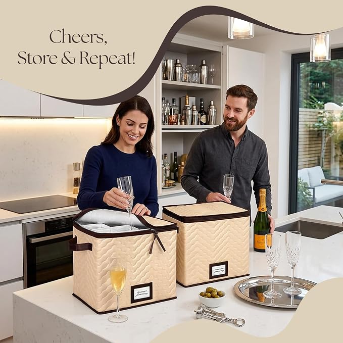 Wine Glass Storage Box with Dividers, Holds 12 Champagne Flute 3" Wide | 2 Pack, Stemware Storage Case, Protects Fine China, Durable Quilted Microfiber, Carry Handles, Ideal for Champagne Flute