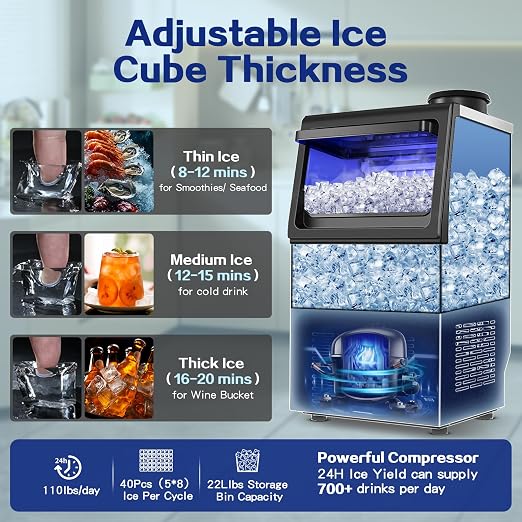 Amzgachfktch Commercial Ice Maker, 110lbs/24H Under Counter Ice Maker with 2 Water Inlet, Ice Maker Machine with 22lbs Storage, Auto Self-Cleaning, Freestanding Ice Machine for Bar Home Office