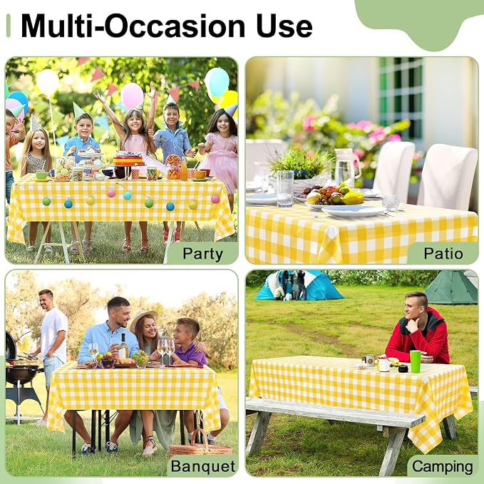 6 Packs Buffalo Disposable Table Cloth, 54 x 108 Inch Waterproof Plastic Tablecloth, Rectangle Yellow and White Checkered Table Covers for Picnic, Birthday, Party, Back to School