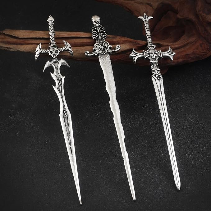 3PCS Skull Sword Hair Pins for Women, Metal Hair Sticks Set, Gothic Hair Accessories, Fantasy Decorative Hair Pins, Medieval Hair Stick Set for Bun Updo Long Thick Hair
