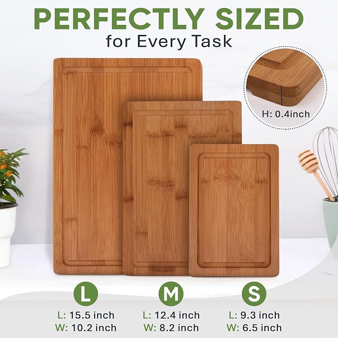 MelBell Bamboo Cutting Board Set Of 3 for Kitchen - Wooden Chopping Boards with Juice Groove - Wood Serving Board for Meat, Vegetables, Cheese