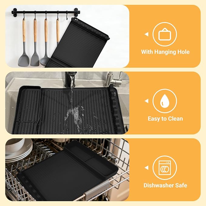 Silicone Grill Mat for Blackstone Griddles & Outdoor Grills - Heat Resistant (450°F) Countertop Protector, Non-Slip Tool Organizer & Grease Catcher, 16x11.5 Inch(Black)