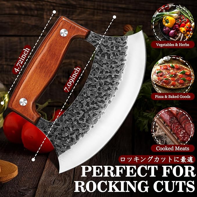 TIVOLI Hand Forged Ulu Knife - Mezzaluna Rocker Knife - Pizza Cutter | Anti-stick Pounding Texture, Full Tang, Rosewood Handle, Belt Sheath, Gift Box, for Kitchen, Camping, BBQ