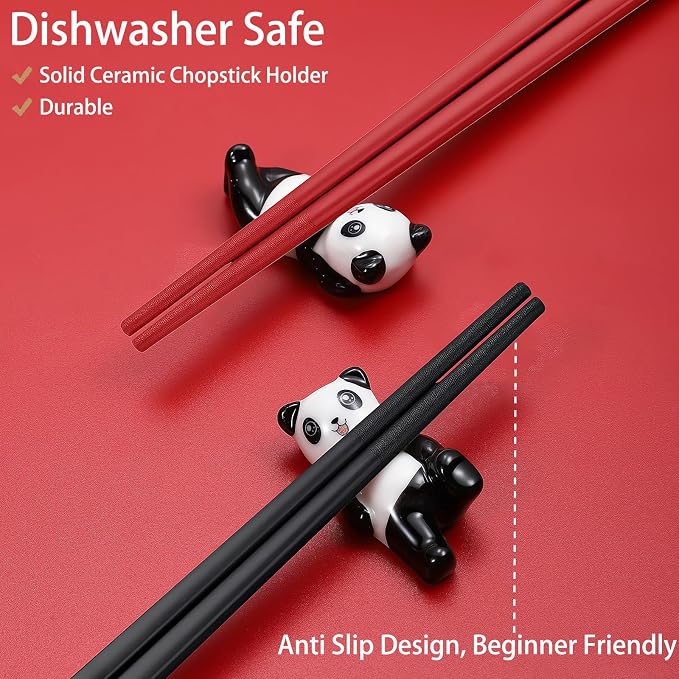 Chopsticks Gift set With Ceramic Rest Reusable Dishwasher Safe,Red Black | Cute Panda Chopsticks Holder, Anniversary Gift for Couple
