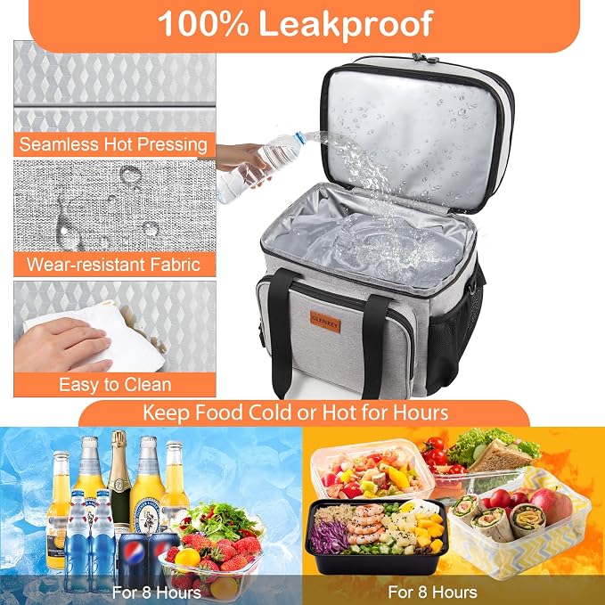 Expandable Lunch Box Cooler Bag - Insulated Soft Lunch Bag for Men Women - Large Lunchbox for Adults Work Camping Outdoor Travel Grey 22L