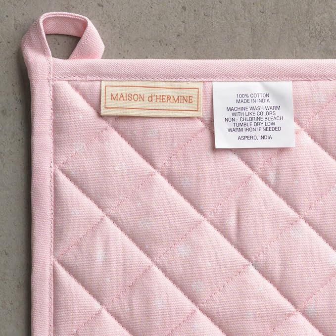 Maison d' Hermine 100% Cotton Oven Mitt & Pot Holder Set (7.5"x13" & 8"x8") | Heat Resistant BBQ Cooking Gloves with Loop Baking Kitchen Home Farmhouse Thanksgiving Christmas - Christmas Market - Pink