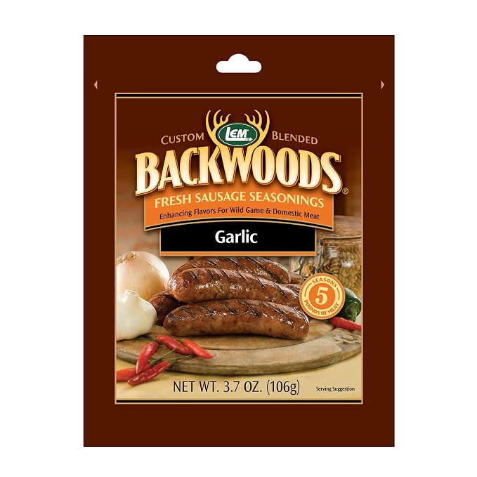 LEM Products Backwoods Garlic Fresh Sausage Seasoning, 12 oz Packet | Pre-Measured Seasoning for Wild Game and Domestic Meat, Seasons Up to 25 Pounds of Meat for Homemade Sausages