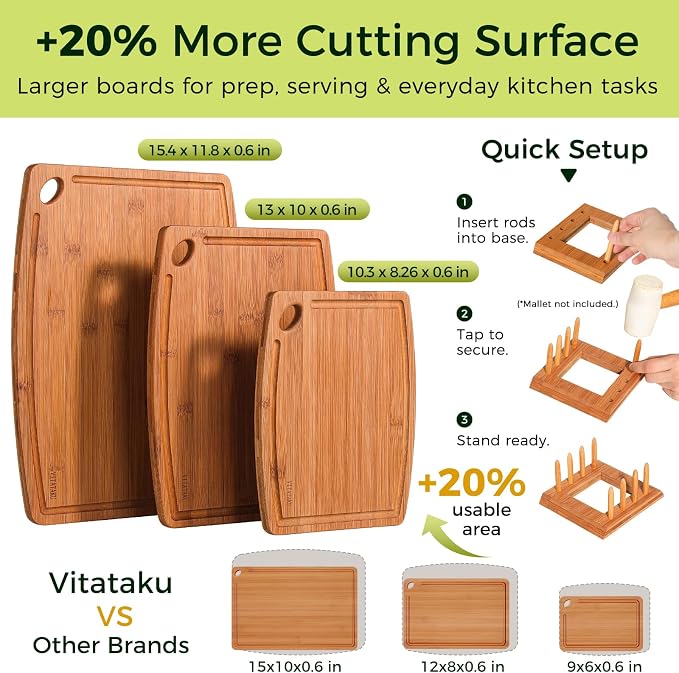 3-Piece Bamboo Cutting Boards for Kitchen with Wood Storage Stand | Reversible Charcuterie & Wooden Cutting Board Set with Juice Grooves and Easy-Grip Handles, Great Kitchen Gift