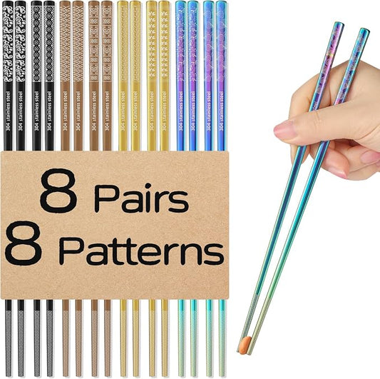 8 Pairs Metal Chopsticks Reusable Multicolor Stainless Steel Chopsticks Set Laser Engraved Non-slip Japanese Korean Chinese Chopstick for Cooking Eating Dishwasher Safe 9.25" Chop Sticks Gift Set