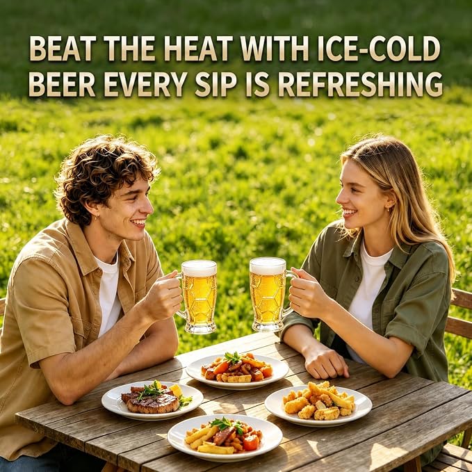 Freezer Beer Mugs 22oz, Set of 2 | 3D Hexagon Textured Glass Beer Steins with Handle | Frosted Durable Glass Stein | Gift for Beer Lovers, Craft Beer Enthusiasts, Dad, Husband, Men