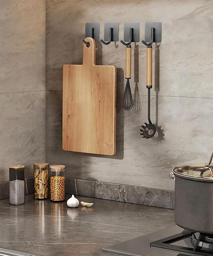 xdgeLoad Adhesive Hooks, Towel Hooks 8 Pack Heavy Duty Adhesive Hooks, Towel Hooks for Bathroom Kitchen Bedroom, Stainless Steel Hook for Hanging - Matte Dark Gray