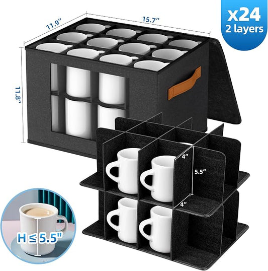Foyego 2-Layer Coffee Mug Storage Box with Dividers, Cup and Mug Storage Organizer with Zipper Lid and Handles, Stackable Cup Organizer for 24 Coffee Mugs, Cups and Glasses, Dark Grey