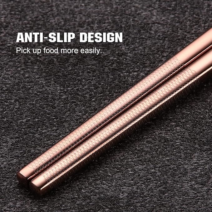 Titanium Stainless Steel 18/8 Reusable Chopsticks - 2 Pairs with Holder, Dishwasher Safe, Lightweight Japanese Style Gift Set (Rose Gold)