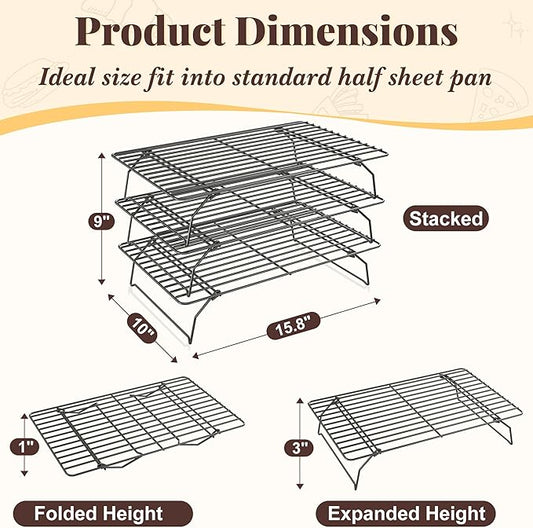 Cooling Racks for Cooking and Baking - 3 Tier Stackable Grid Wire Baking Rack for Oven Cooking, Baking, Grilling, Roasting - Dishwasher Safe Bacon Rack - Black