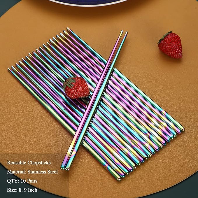 10 Pairs Reusable Chopsticks, Titanium Rainbow Plating Stainless Steel Metal Chop Sticks, Japanese Chinese Korean Chopstick Dishwasher Safe, 8.9 Inch (Coloful / Chop sticks)