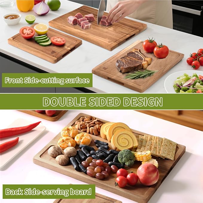 Acacia Wood Cutting Board,Double Sided Wooden Cutting Boards for Kitchen with Deep Juice Grooves,0.8 in Thick Solid Wood Cutting Board Set with Stand for Chopping,Serving Ideal Kitchen Gifts