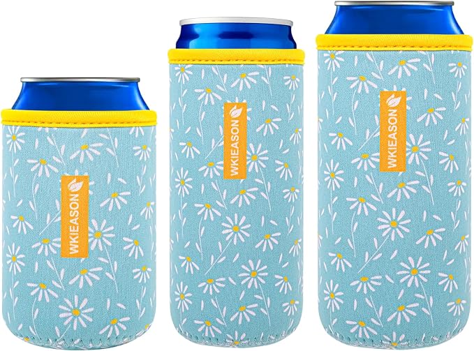 WKieason Neoprene Can Sleeves Insulators Beer Coozies 3 Size - 12OZ Standard Can Sleeve, 12OZ Slim Can Sleeve 16OZ Standard Can Sleeve, 12OZ Standard Beer Can Coolers Coolier Sleeves(Small Daisy Blue)