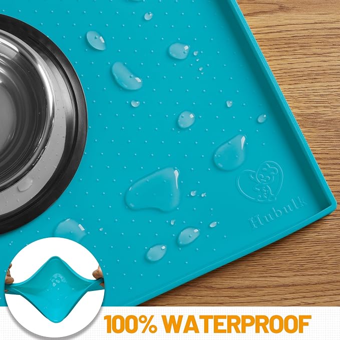 Hubulk Dog Feeding Mat,100% Waterproof BPA Free Silicone Pet Food and Water Bowl Placemat,Dishwasher, High Raised Edge to Prevent Spills,Nonslip Tray to Stop Messes on Floor (24"x16"x0.5", Teal)