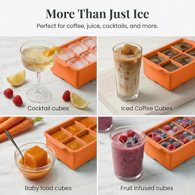 KitchFort® Large Silicone Ice Cube Tray (2-Pack), Easy Release 2" Big Ice Cubes - Cocktail, Whiskey Ice Cubes Mold - Ice Trays for Freezer with Lid - Stackable Silicone Ice Tray - Orange