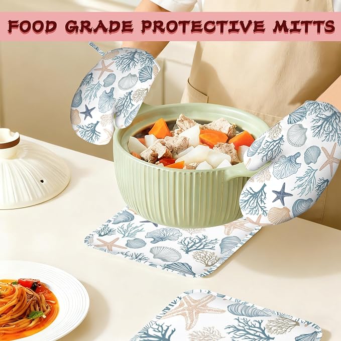 Starfish Coral Shells Ocean Silicone Oven Mitts and Pot Holders,Heat-Resistant 4 Piece Kitchen Set Non-Slip Oven Gloves and Hot Pads for Cooking, Baking, Grilling,BBQ