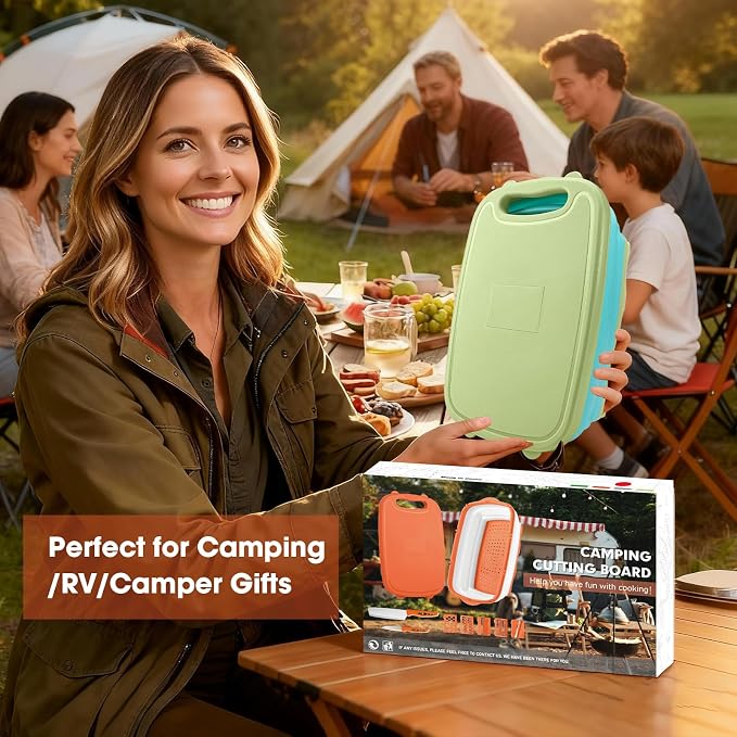 Gintan Camping Cutting Board, 9-in-1 Collapsible Chopping Board with Colander, Kitchen Vegetable Washing Basket for Camping, Camping Gifts Camping essentials for RV Campers (Blue Green)