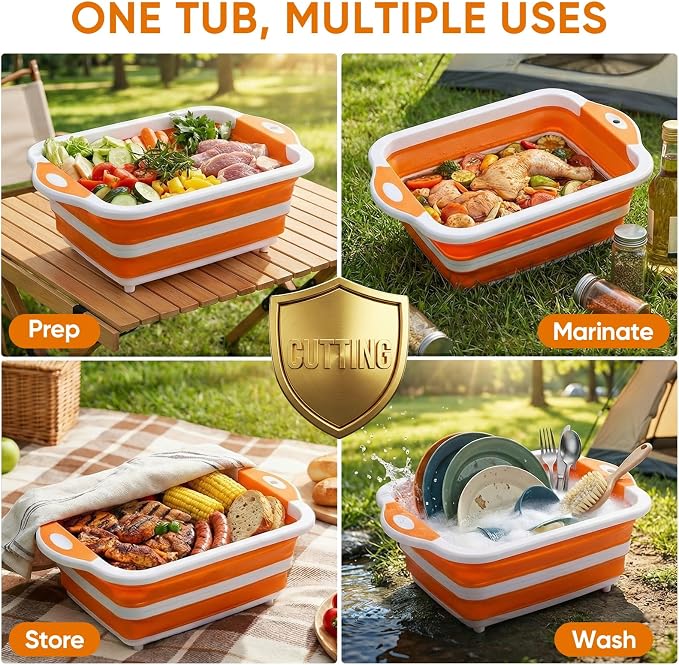 Collapsible BBQ Prep Tub with Lid, Foldable Camping Sink with Colander, Cutting Board, Dish Basin for Kitchen, Bowl, Vegetable and Fruit, Storage Basket for Picnic-Orange