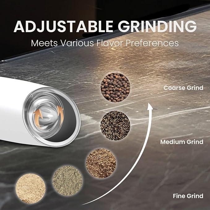 Rechargeable Salt And Pepper Grinder Set with LED Light, Automatic Electric Gravity Salt And Pepper Shakers Set, No Battery Needed, Adjustable Roughness, 2 Pack (Black+White)