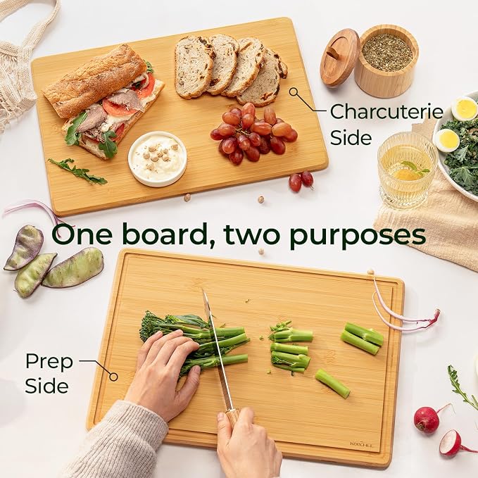 Keechee 2Pcs Cutting Board with Non-slip Mat, Bamboo Cutting Boards for Kitchen Meal Prep & Serving - Wood Serving Board Sets with Deep Juice Groove Ideal Kitchen Gifts