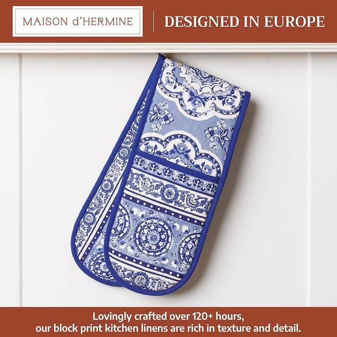 Maison d' Hermine Double Oven Mitts 100% Cotton Double Oven Glove (7"x35") | Heat Resistant BBQ Cooking Gloves with Loop Baking Grilling Kitchen Hotel Home Farmhouse Spring Summer - Melodie Bleue