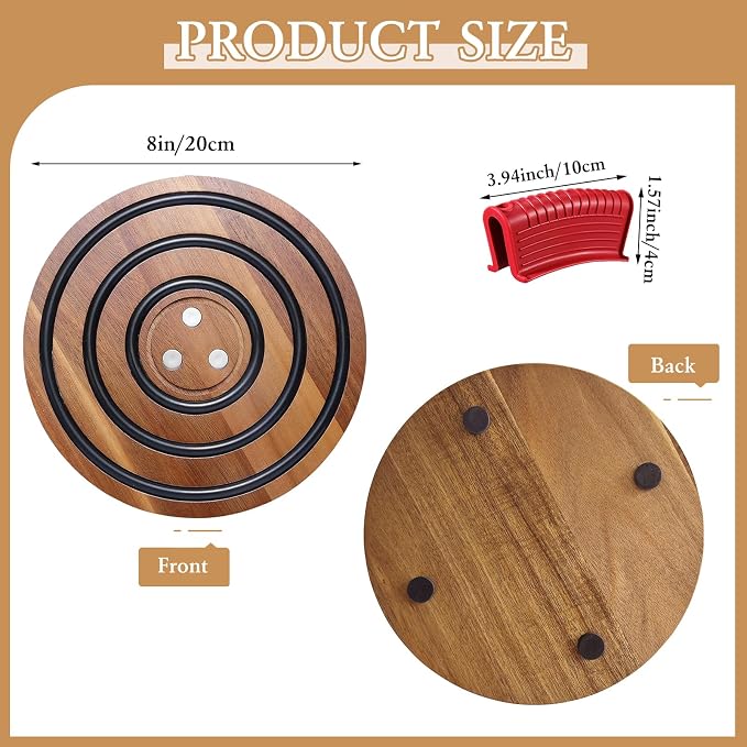 2 PCS Magnetic Wooden Trivets for Hot Pots and Pans with 4 Silicone Pot Handle Covers, Heat Resistant Acacia Wood Trivet for Dutch Ovens Hot Pots&Pans Cast Iron Skillet, for Mom Grandma