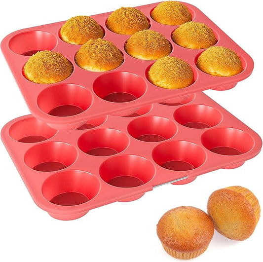 Bangp 12-Cup Silicone Muffin Pan with Metal Reinforced Frame,2 Pack Regular Size Cupcake Pan,Premium Non-Stick Bend Resistance Silicone Molds for Making Muffin,Cakes,Tart,Egg Bites (Red)