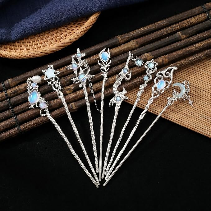8 Pcs Star Moon Hair Sticks Chinese Hanfu Asian Hair Chopsticks Metal Silver Hair Bun Updo Holders for Women Accessories Long Hair