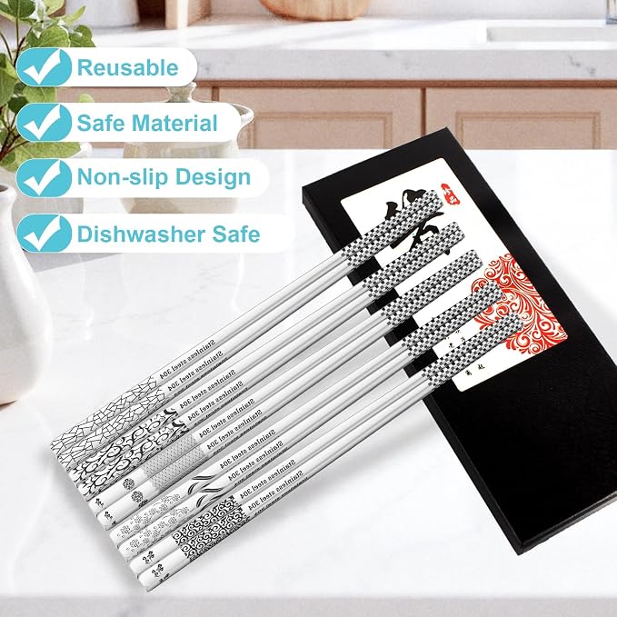 Reusable Metal Chopsticks – Premium 304 Stainless Steel, Non-Slip & Dishwasher Safe – Lightweight, Durable, Japanese & Korean Style – 5 Pairs, 9.25 Inches, Elegant Gift Set