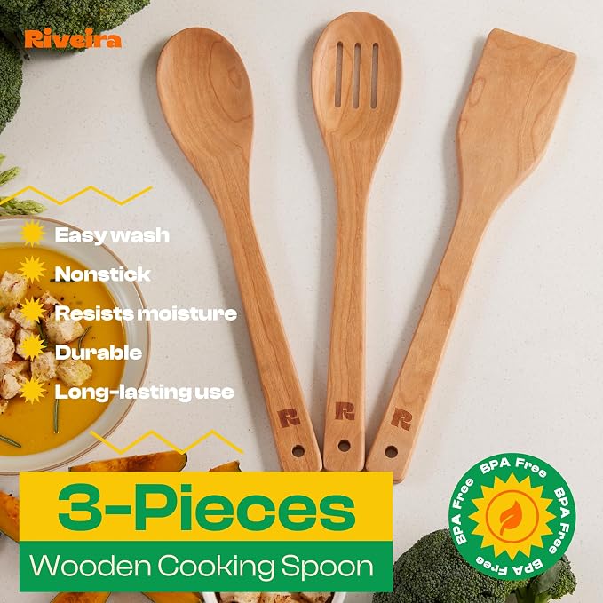 Riveira Cherry Wooden Spoons for Cooking Set of 3 – Natural Cherry Wooden Cooking Utensils, Wooden Spatula, Wooden Spoon - Premium Quality Utensil Set for Non-Toxic Cooking