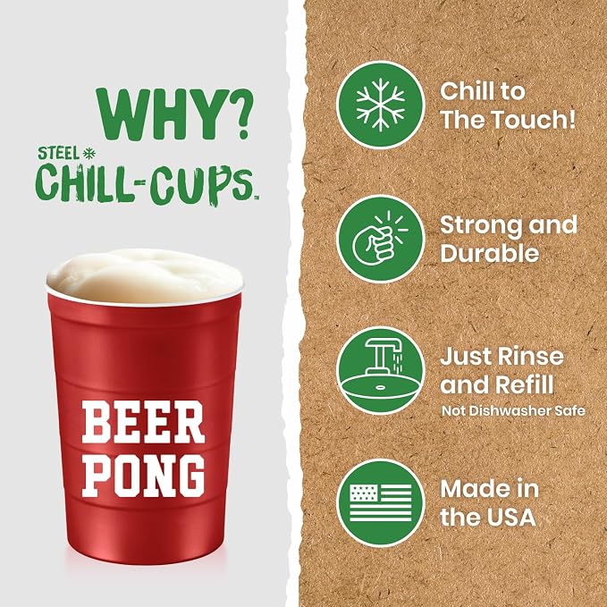 Steel Chill Cups 16 oz. Durable & Reusable Party Cups, Beer Pong, 12 Count | Made in USA from Steel these durable cups chill fast & keep your drink cold for longer, 100% recyclable for sustainablity