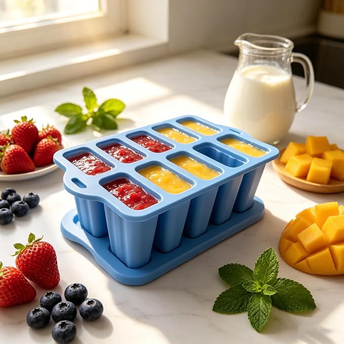 10-Cavity Silicone Popsicle Molds, BPA Free Homemade Ice Pop Maker, Blue | BPA Free Non-Stick, Easy Release, Comes with 100 Sticks, Bags, Brush & Funnel,Ideal for DIY Frozen Desserts,Kids & Home Use