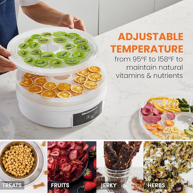 Elite Gourmet EFD770WD Digital Food Dehydrator, 5x12.5" Trays, 48-Hr, White | BPA-free trays - adjustable temp 95-158F - makes jerky, herbs, fruit, veggies & dried snacks - also great for meat