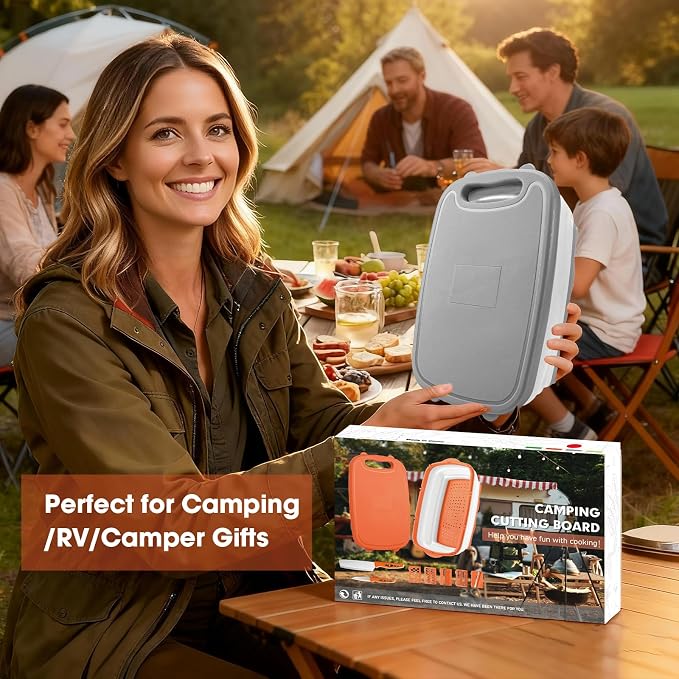 Gintan Camping Cutting Board, 9-in-1 Collapsible Chopping Board with Colander, Outdoor-Kitchen Vegetable Washing Basket for Campers, Camping Gifts Camping Accessories for RV Campers (Gray)
