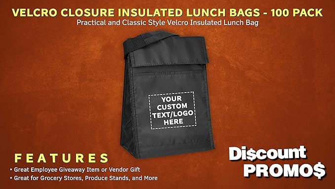 DISCOUNT PROMOS 100 Hook and Loop Insulated Lunch Bags Set - Customizable Text, Logo - Polyester, Durable, Vibrant, Reusable - Black
