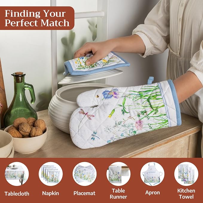 Maison d'Hermine Oven Gloves 100% Cotton Oven Mitt (7" x 13", Pack of 1) | With Loop Heat Resistant BBQ Cooking Gloves Baking Grilling Kitchen Handling Hot Pans Spring Summer - Fleurs De Mai