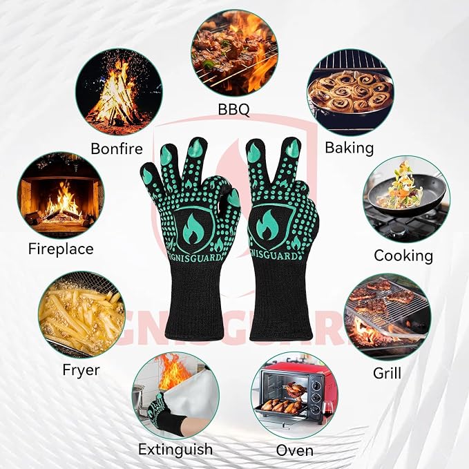 BBQ & Grill Gloves, Oven Gloves, 1472°F Silicone Oven Mitts Heat Resistant Grilling Gloves Fireproof Non-Slip for Barbecue Cooking Baking Smoking, 1-Pair (Green, Medium)
