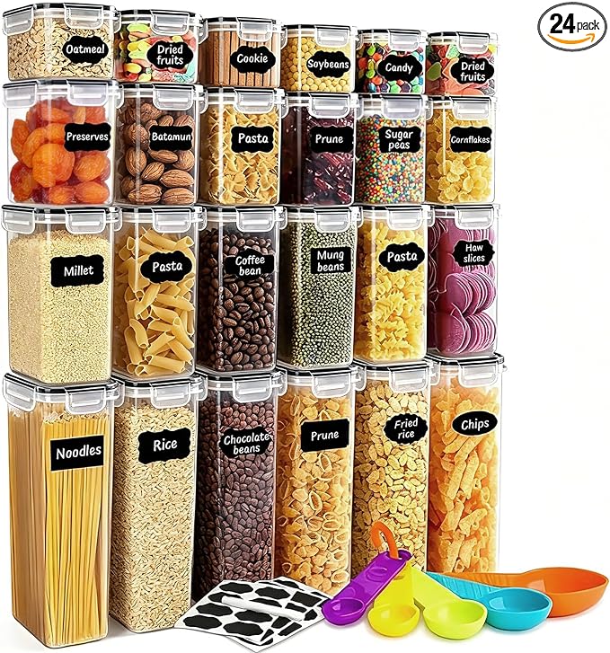 24pcs Airtight Containers, Clear Stackable Dry Food Storage | clear airtight containers with tight lids keep dry food fresh. Safe plastic, stackable for pantry kitchen storage