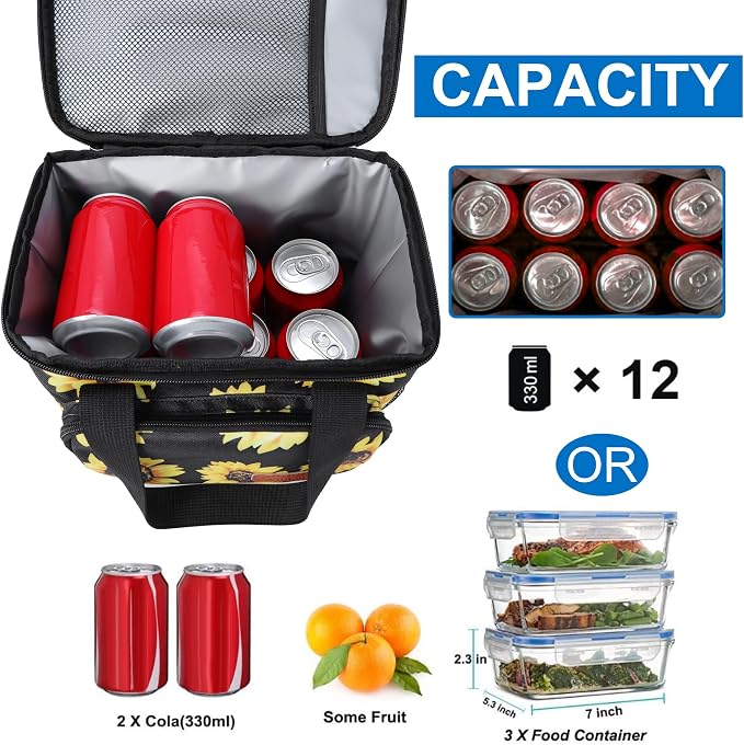 Lunch Bags for Women/Men, Insulated Lunch Bag for Work Office - Lunch Cooler Bag Leakproof Lunch Box with Adjustable Shoulder Strap - Sunflower